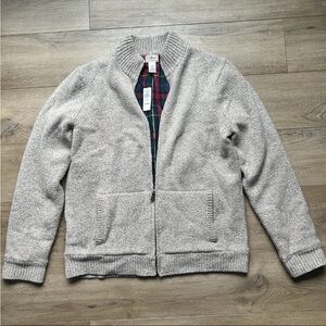 NWT LL BEAN Mens Large Tall 100% Lambs Wool Sweater Jacket Plaid Lined Beige